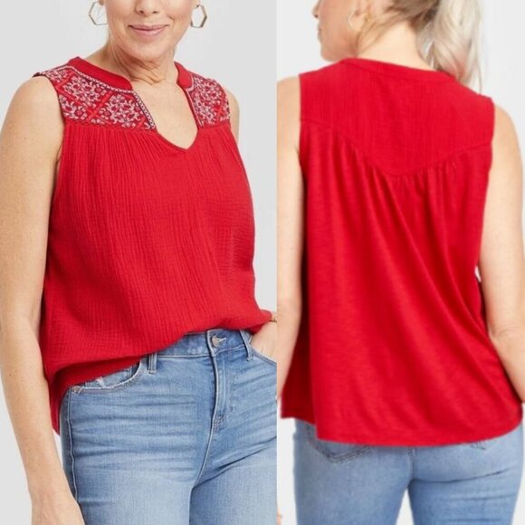 KNOX ROSE Sleeveless Gauze Tank Top Bright Red Embroidered Geo Mixed Media Boho - Picture 1 of 13